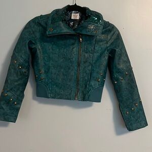 Disney Greenish Faux  Leather Sequin Zip Stud Moto Jacket sz 7/8